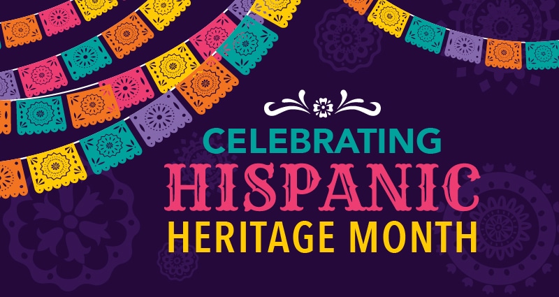 illustrated festive banners in lots of colors with the words Celebrating Hispanic Heritage Month on a dark purple background