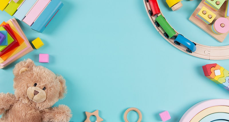 children's toys on blue background